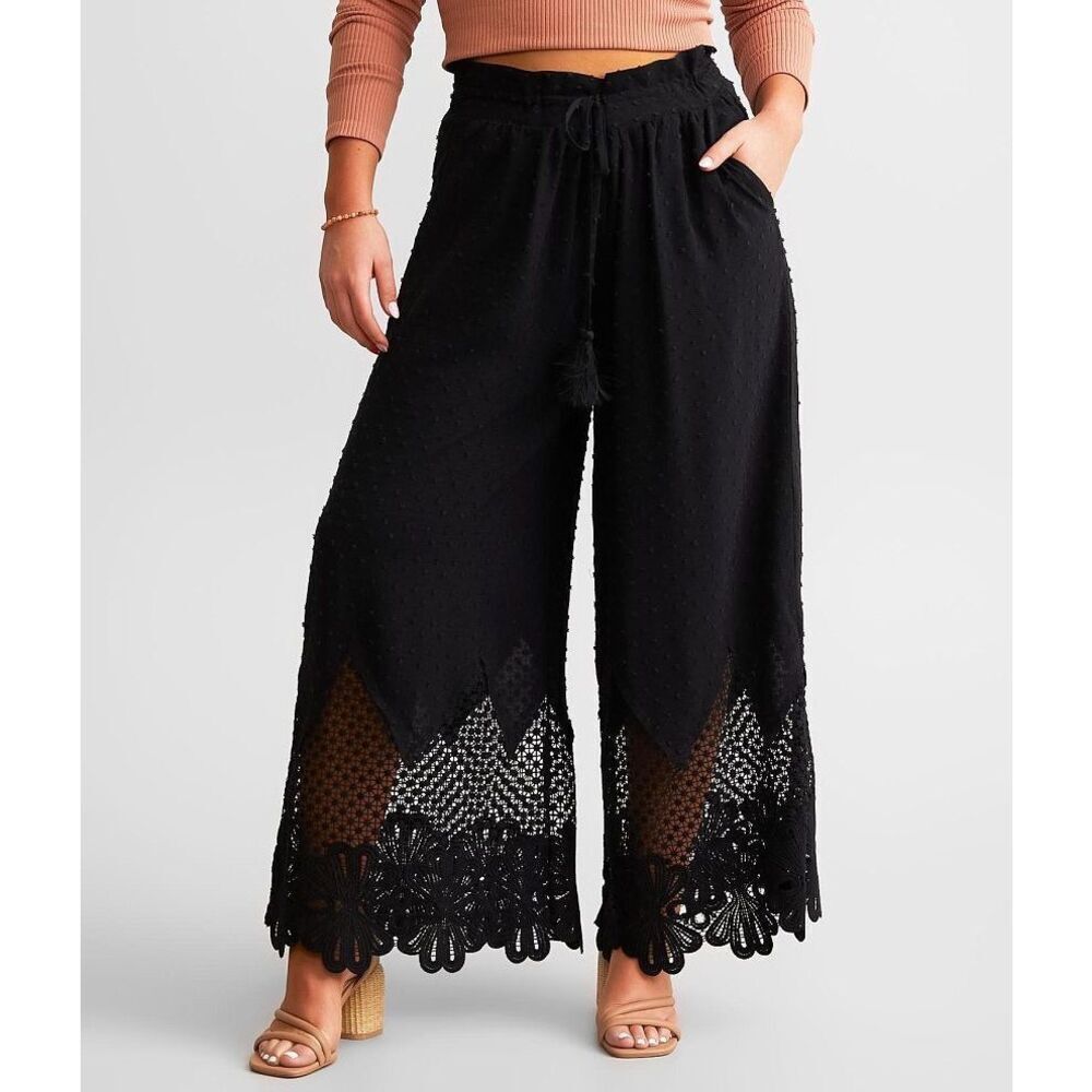 Miss Me NWT Black Swiss Dot Crochet Wide Leg Pants Size Large